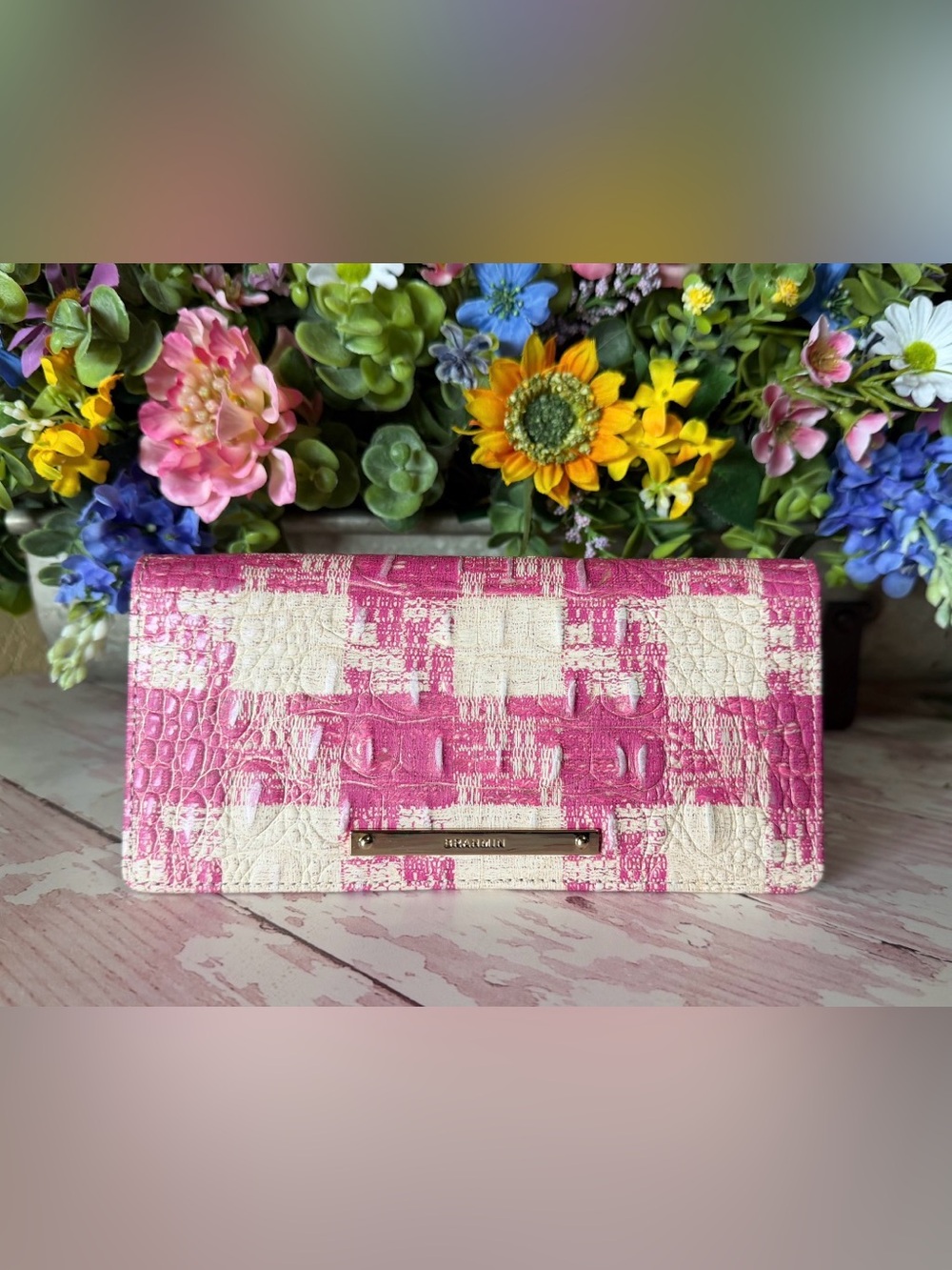 Brahmin Ady Wallet Empower Sakura Genuine Leather NWT pink  plaid houndstooth